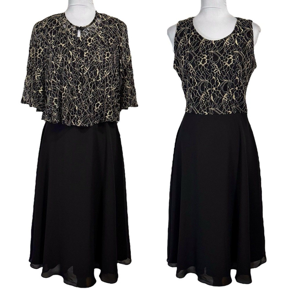 NWT Gabby Skye 2 Pc Midi Dress & Jacket Set Size 8 Black Gold Lace Wedding Party